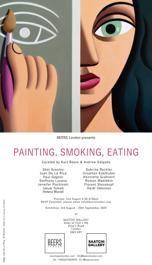 A digital invitation for the exhibition "PAINTING, SMOKING, EATING" at Saatchi Gallery, London. The top half shows a stylized painting of a hand holding a brush next to a woman's face. The bottom half lists participating artists, including Shai Azoulay, and event details for August/September 2024.