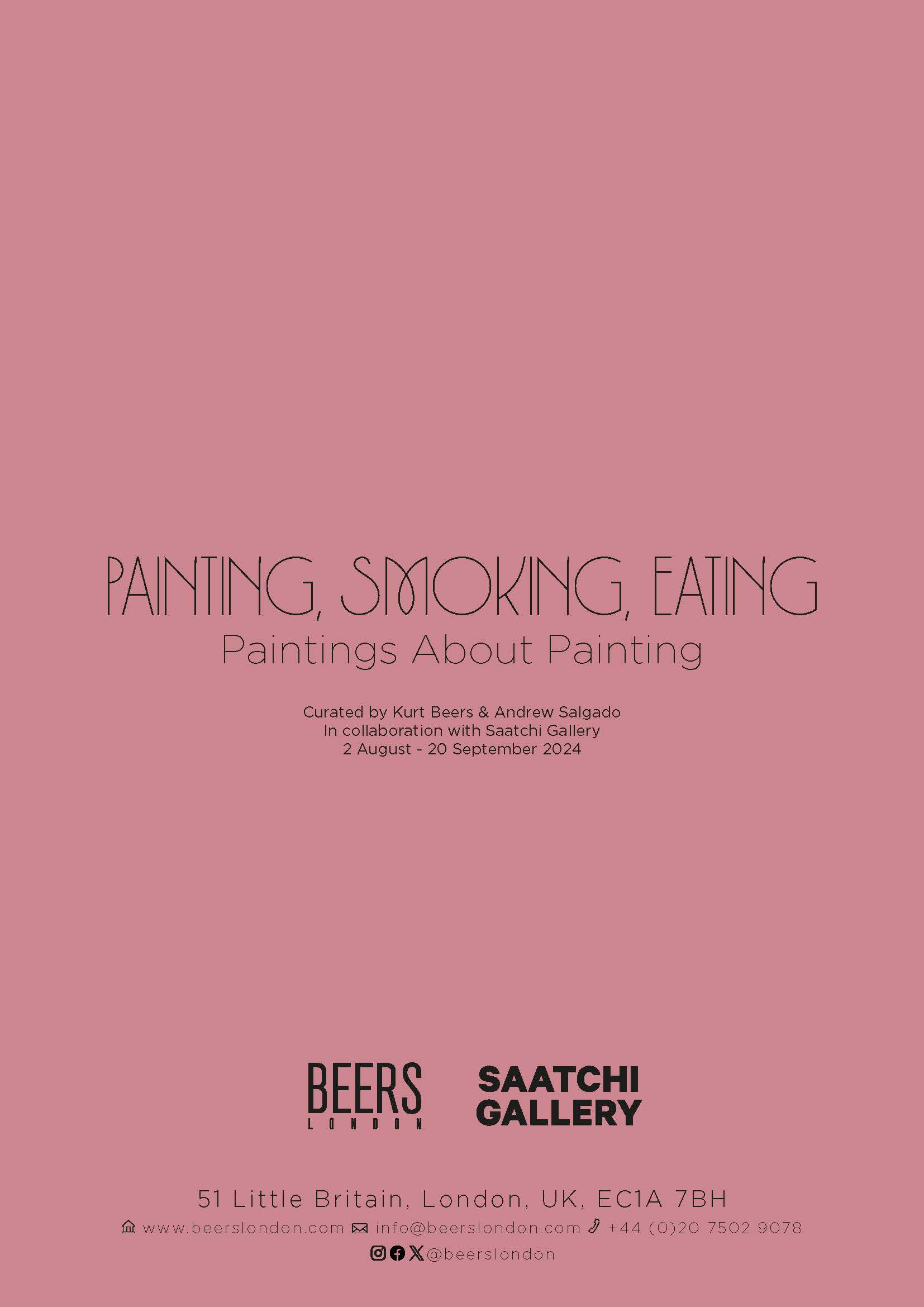 A minimalist exhibition poster for "PAINTING, SMOKING, EATING - Paintings About Painting" at Saatchi Gallery, London. The design features elegant, thin black typography on a solid dusty rose background.